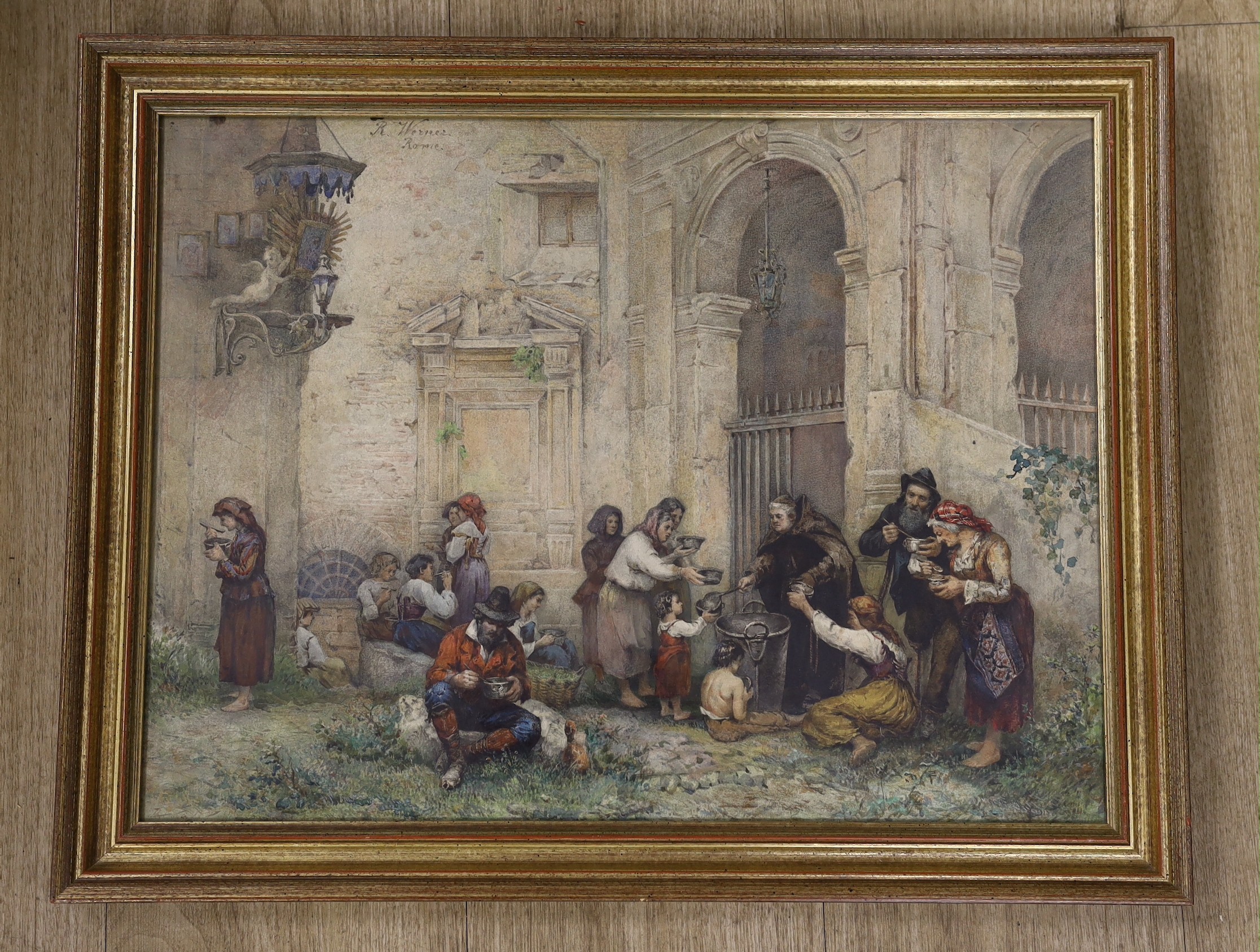 Rudolf G. Werner (1893-1957), watercolour, Supplicants outside a monastery, signed and inscribed Roma, 36 x 48cm